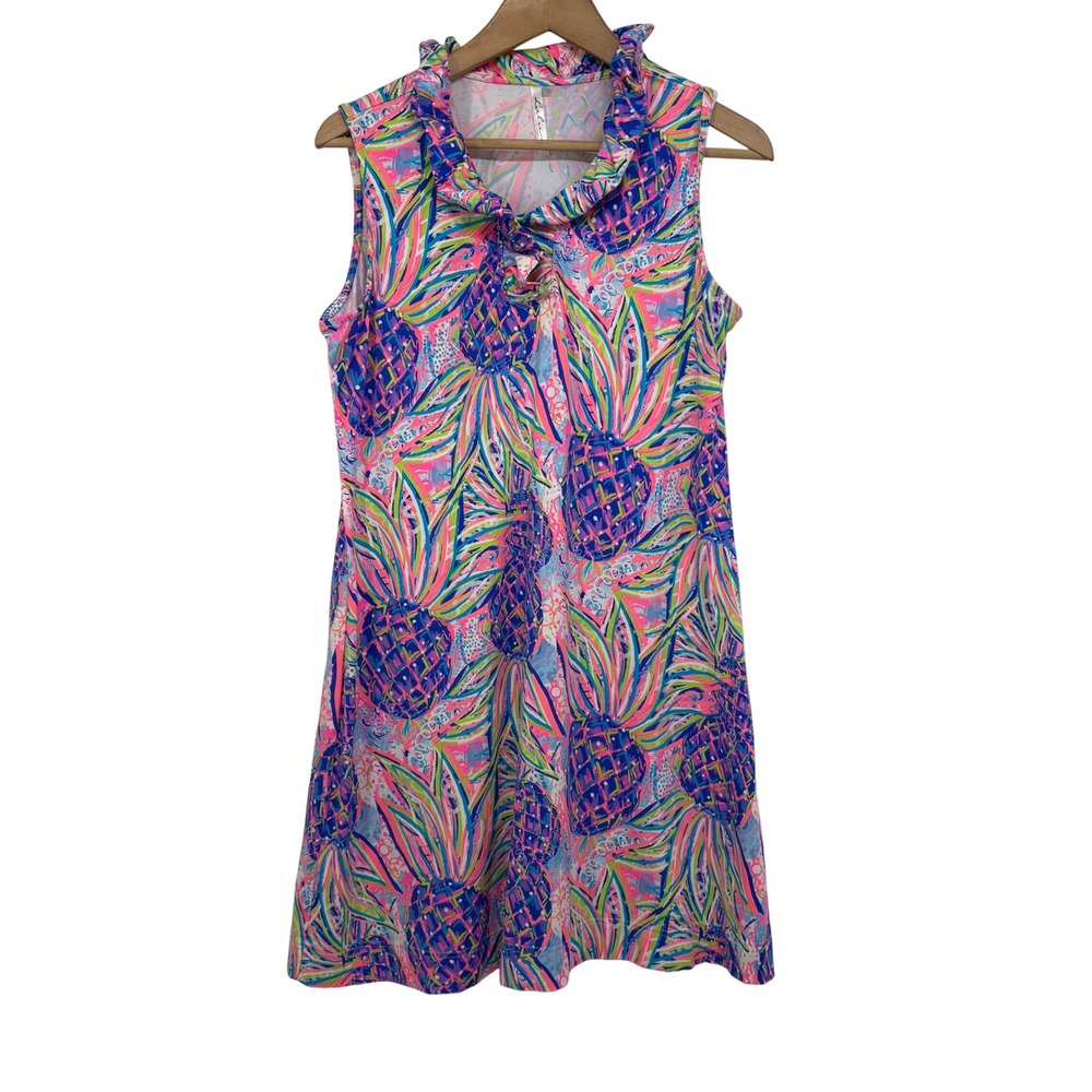 Lulu-B Pineapple Print Ruffle Neck Sleeveless Shift Dress Pink Blue M Resort